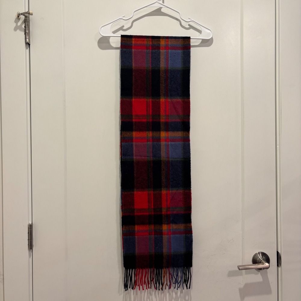 House of Cashmere 100% Lambswool Plaid Scarf Red Blue Green Fringed Winter Wrap